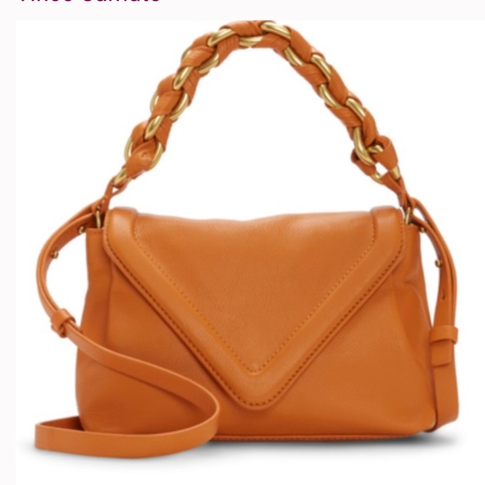 VINCE CAMUTO LYONA Leather Convertible Crossbody/Top Handle in Burnt Orange